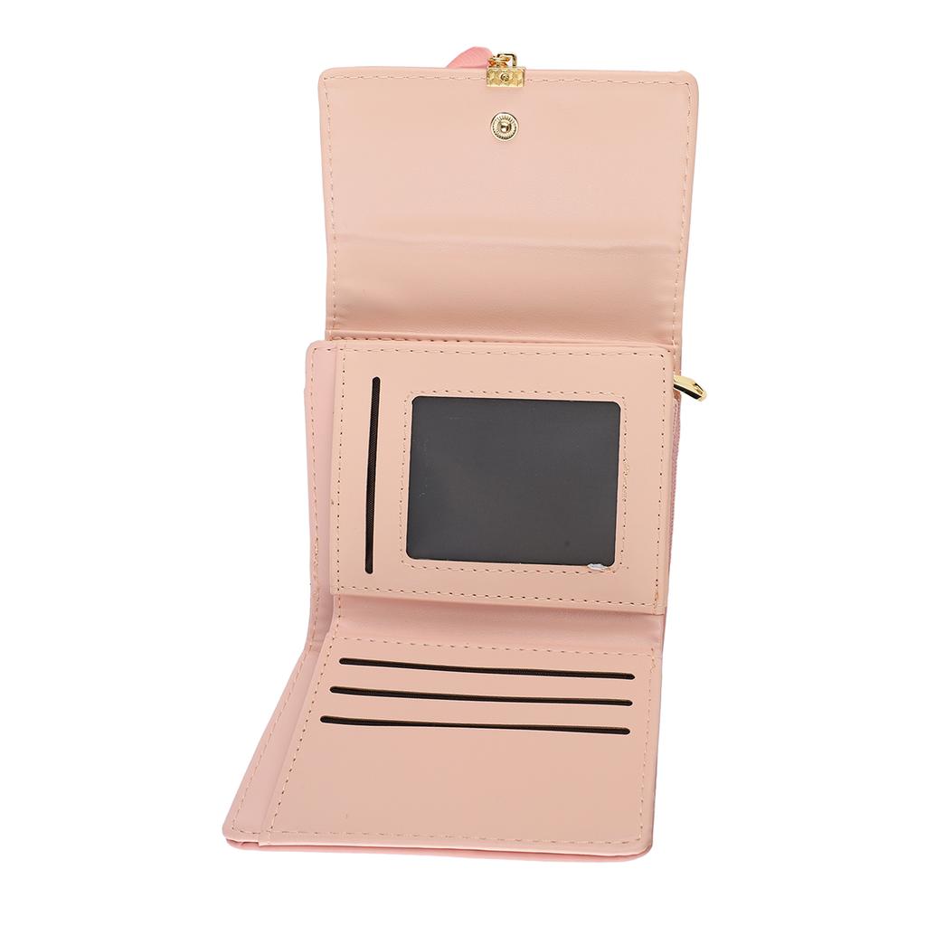 Women Short PU Wallet Multi Slots Stylish 3 Folding Wallet with Hardware Buckle for Photo Cards