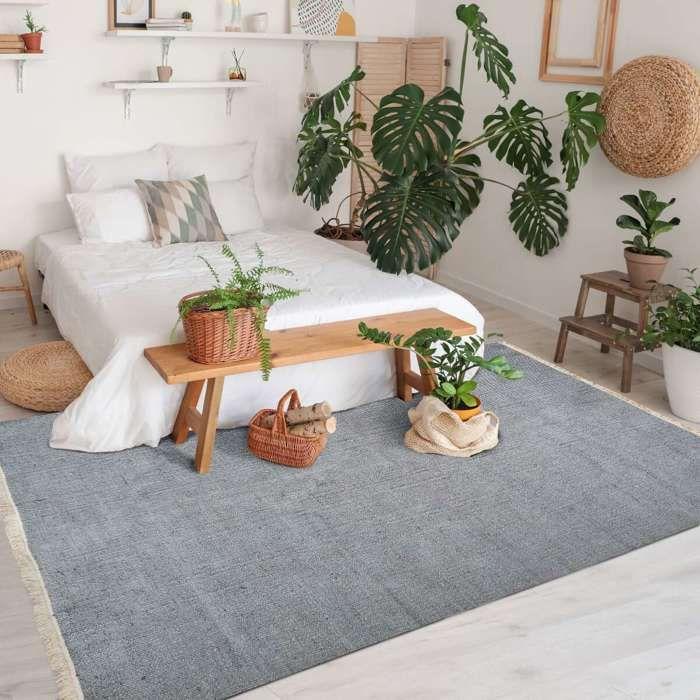 Living Room Rug In Jute Cotton with Light Grey Fringes 120x170