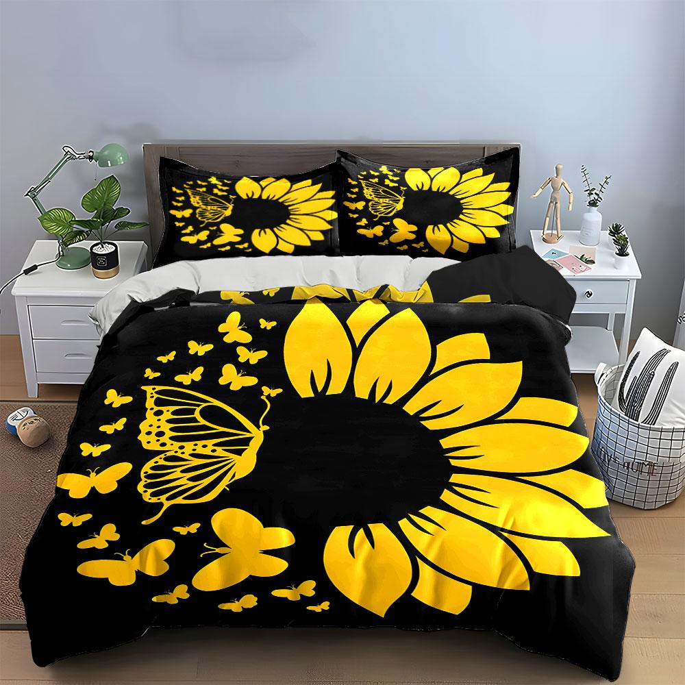 Sunflower And Butterflies Decor Set  Kid'S And Adults' Bedroom Decor, Exquisite Three-Piece Bedding Set Gift