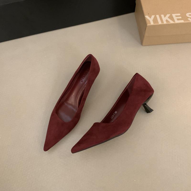 French Pointed Kitten and Black High Heels Women's 2025 New Spring and Autumn Fine Heel Suede Light Mouth Commuter Shoes