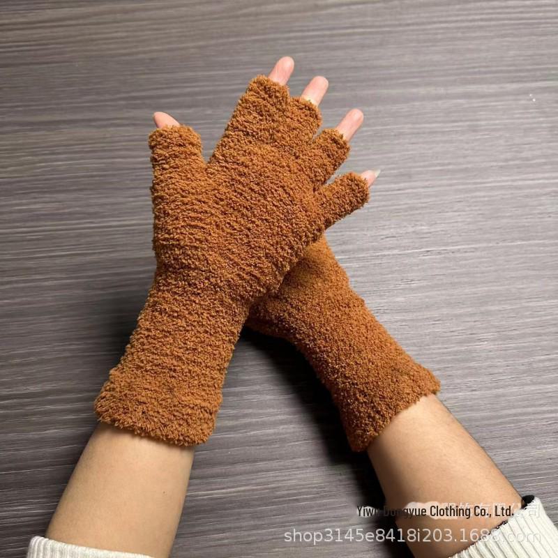 Unisex Solid Color Coral Fleece Long Cuff Split Finger Plush Gloves