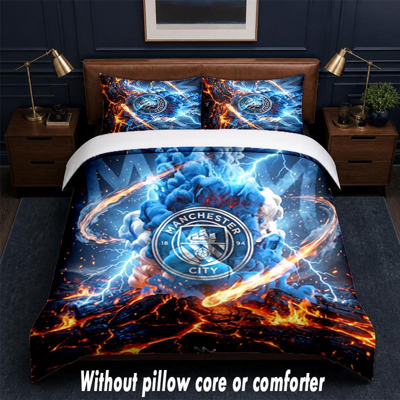 Manchester City Design Bett Bettwäsche Set 1 Bettbezug + 2 Kissenbezüge Weich Atmungsaktiv Haushalt Bettwäsche