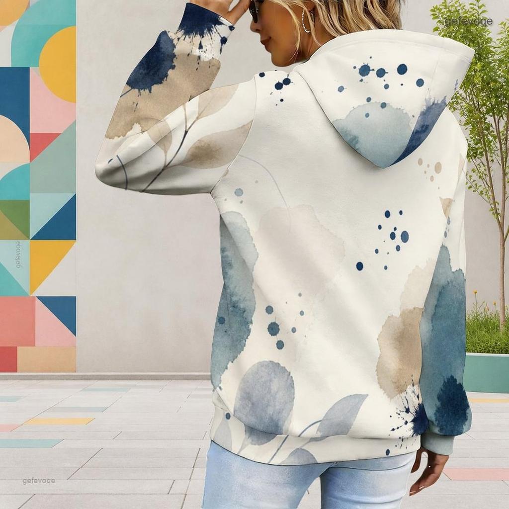 Women Plus Size Abstract Watercolor Printed Long Sleeve Drawstring Hoodie With Kangaroo Pocket