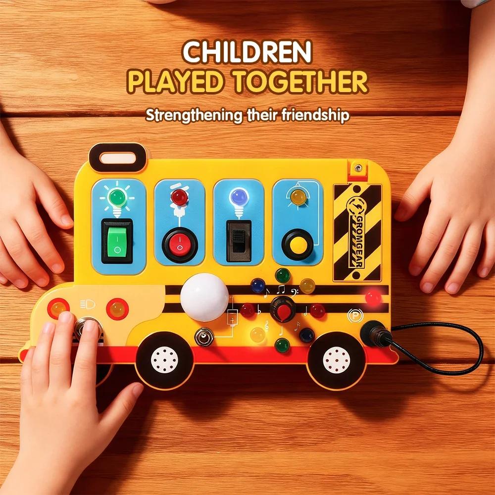 Busy Board Sensory Montessori Toys LED Light Switches Sounds Busy Board Bus Early Education Toy for Children Interactive Game