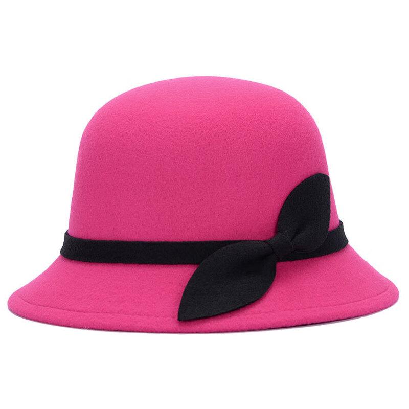 Women's Retro Wool Felt Hat with Leaf Bow