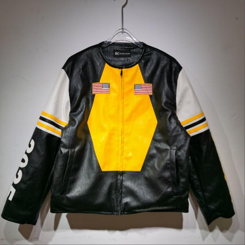 Vintage Biker Jacket PU Leather Black Yellow Color Block No Collar Racing Men