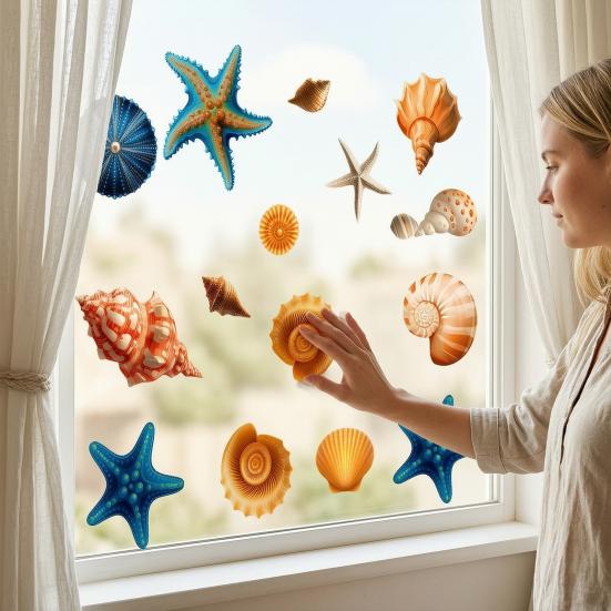 Pegatinas para Ventana de Caracolas y Estrellas de Mar, Adhesivo Impermeable para Ventana con Vida Marina del Océano, Pegatinas Estáticas Reutilizables para Puerta de Cristal, Suministros para Fiestas de Verano