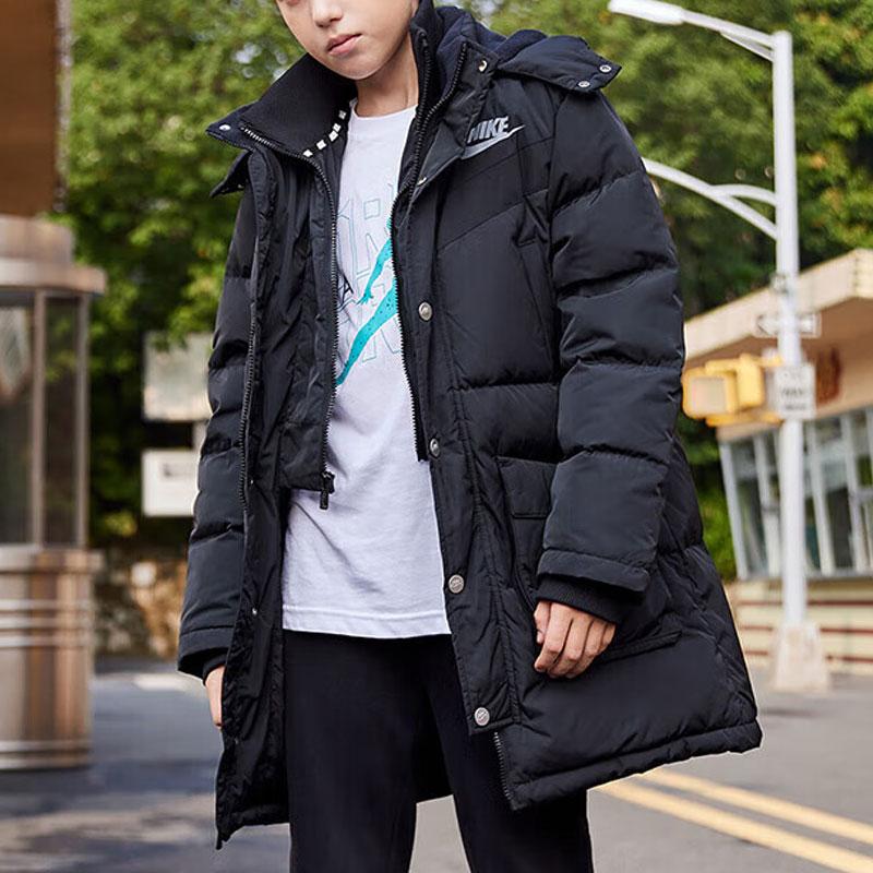 Nike Logo Prošívaná středně dlouhá péřová bunda s kapucí Dětské svrchní oblečení Černá 96J102-023