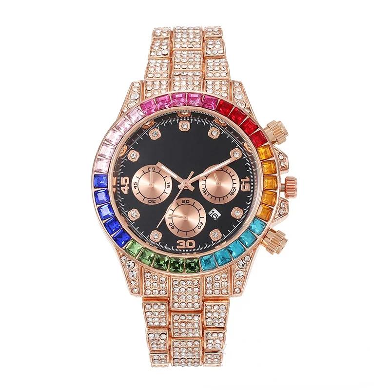 

Модные мужские спортивные часы из нержавеющей стали с индикацией дня и даты, мужские роскошные часы с цветными бриллиантами, календарь, кварцевые наручные часы, хип-хоп часы