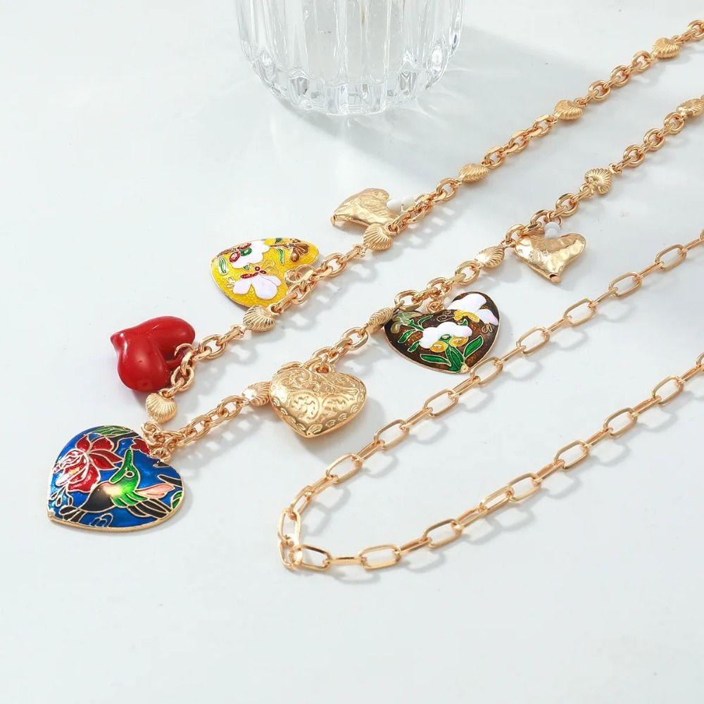 Heart-shaped Double Layer Necklace Flower Clavicle Chain Big Heart Pendant Necklace  Vacation