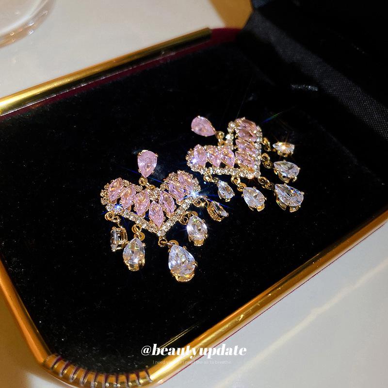 Silver Needle Korean Style Pink Zirconia Butterfly Tassel Stud Earrings - Luxurious and Exquisite Accessories for Women