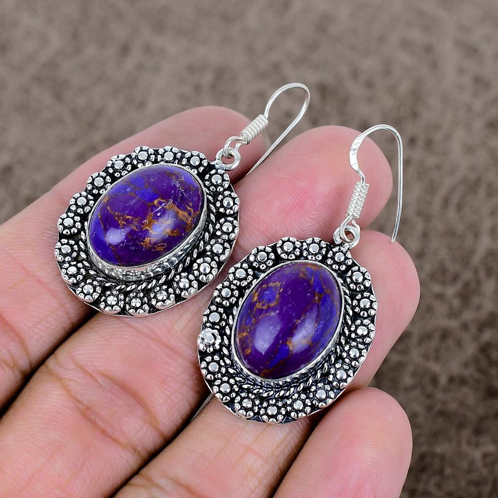 Copper Purple Turquoise Gemstone 925 Sterling Silver Jewelry Earring 1.85" KKG-709