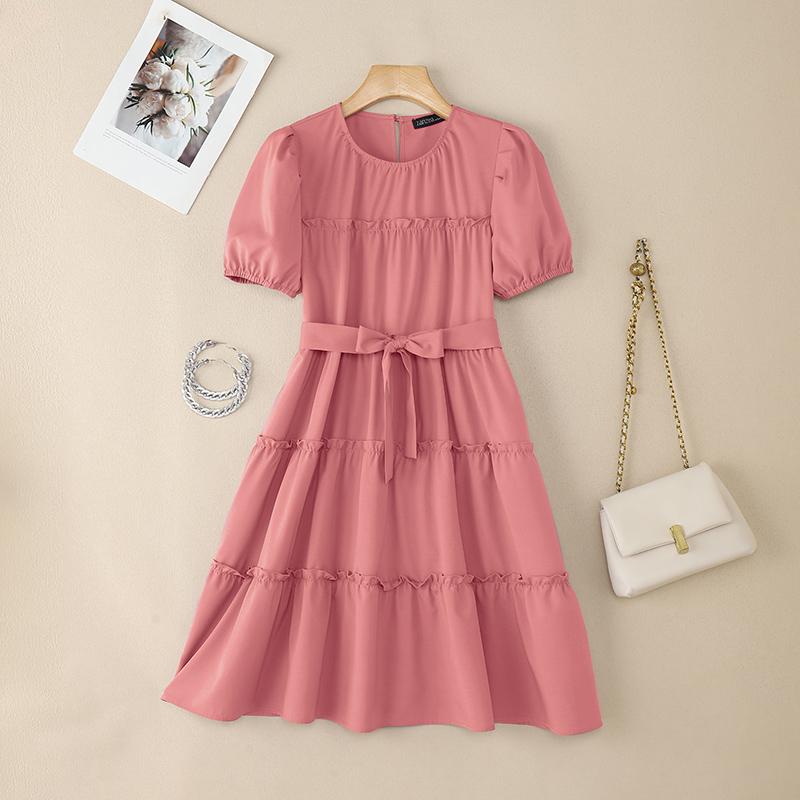 ZANZEA Women Casual Round Neck Summer Short Sleeve Dress