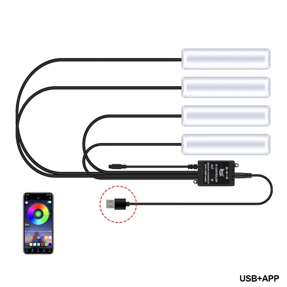 4Pcs LED Car Interior Atmosphere Backlight Ambient Mood Foot Light With Cigarette USB Lighter Decorative APP Remote Control Lamp