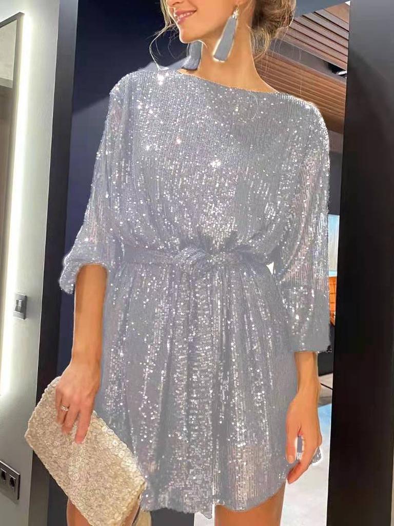 New Festive Party Shiny Sequins Color-Block Slim Fit Dress Mini Cocktail Dress