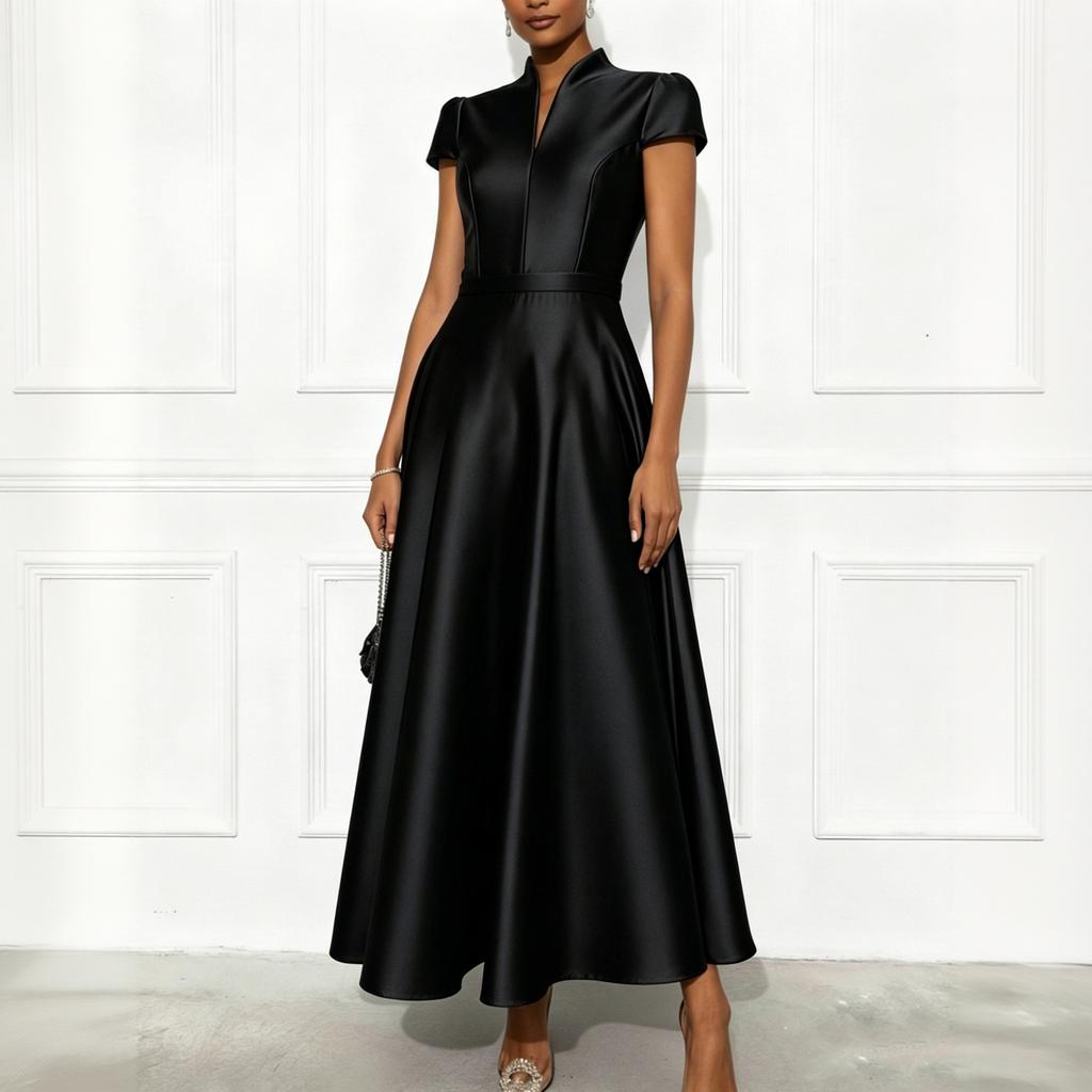 Women's V Neck Short Sleeve Dress Satin Fabric Waist Fitted Flared Long Skirt Evening Formal Gown