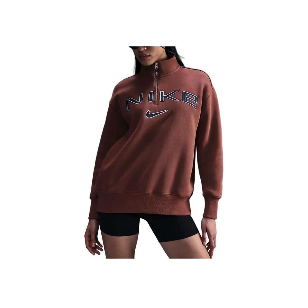 Nike Sportswear Phoenix Fleece Oversized Logo Letter Collar Comfortable Drop Shoulder Jacket Women Jackets Red Brown FV7680-218
