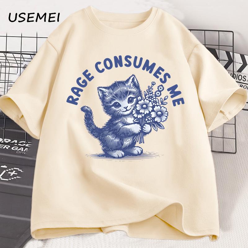 Rage Consumes Me Cat T-shirt Weirdcore Funny Hilarious Kitten Meme Unhinged T Shirt Health Dark Humor Tshirt Men's Clothes