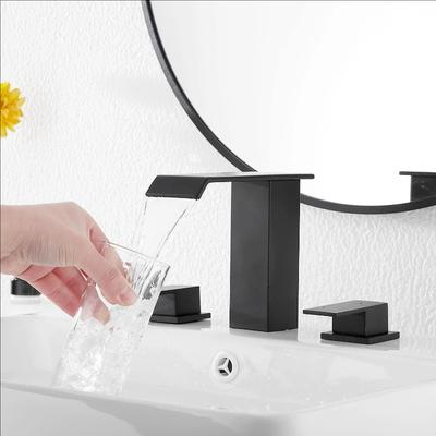 Badezimmer 3-Loch Wasserfall Waschbeckenarmatur, 2 Griffe Kalt Warmwasser Mischbatterien Spültischarmatur Schwarz/Chrom