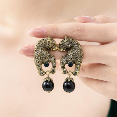 Luxury 3D Rhinestone Leopard Earrings with Black Glass Beads and Sterling Silver Studs