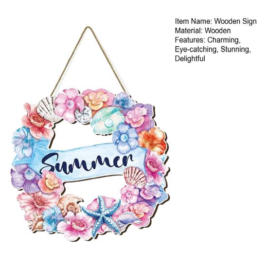 Summer Flower Shell Seastar Welcome Sign for Front Door Wooden Wall Hanging Sign Coastal Beach Round Wreath for Outside Porch Decor