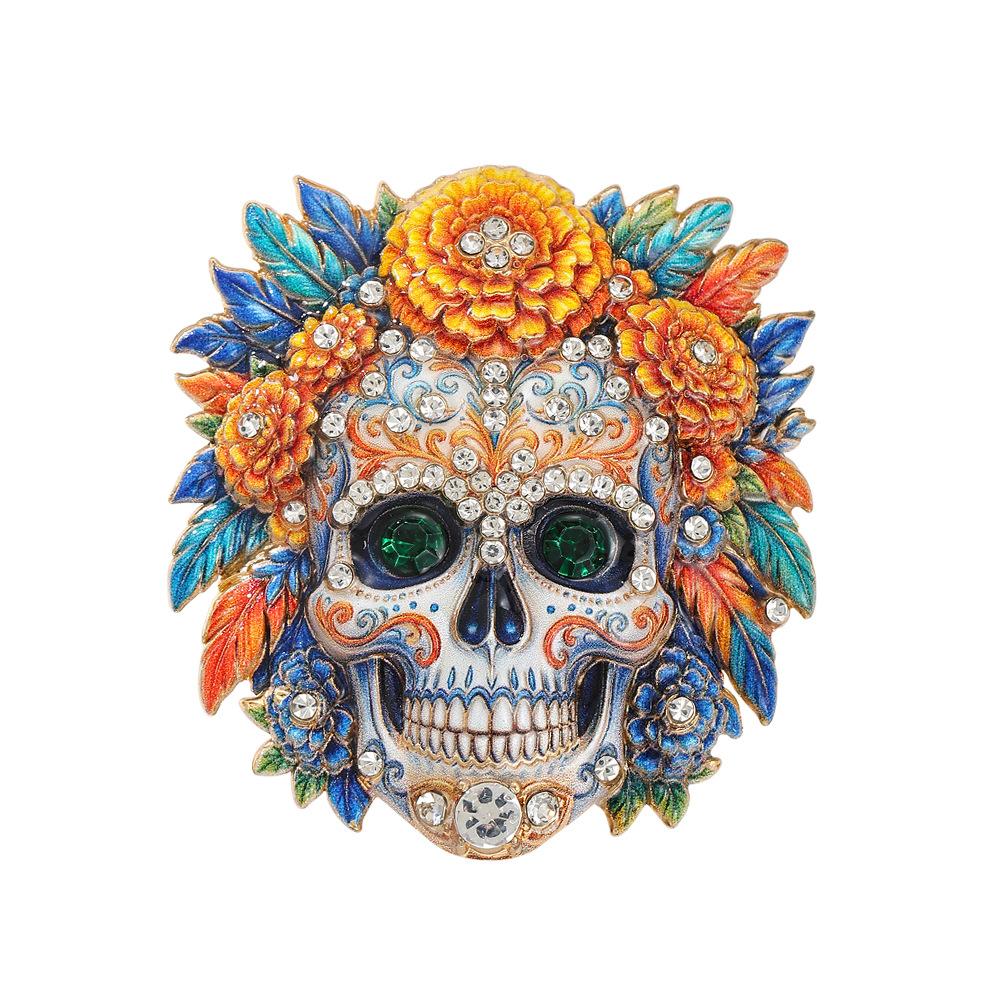 Fully Environmentally Friendly Alloy Day of The Dead Diamond Skull Brooch Mexican Style Painted Brooch Halloween