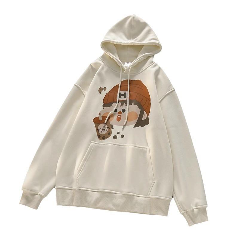 Womens Oversized Hooded Sweatshirt With Cartoon Print Cotton Blend Long Sleeve Loose Fit Winter Top