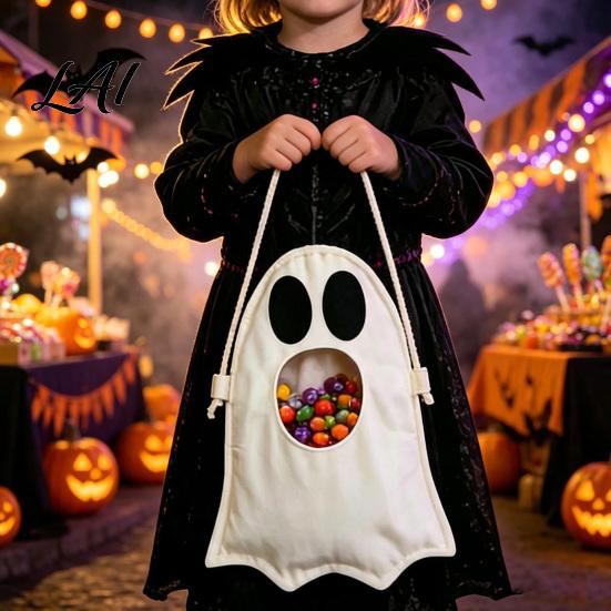 Funny Ghost Design Pouch Halloween Candy Bag for Kids Cute Fabric Treat or Trick Durable Holder Tote with Handle Spooky Snack Goodie Bags