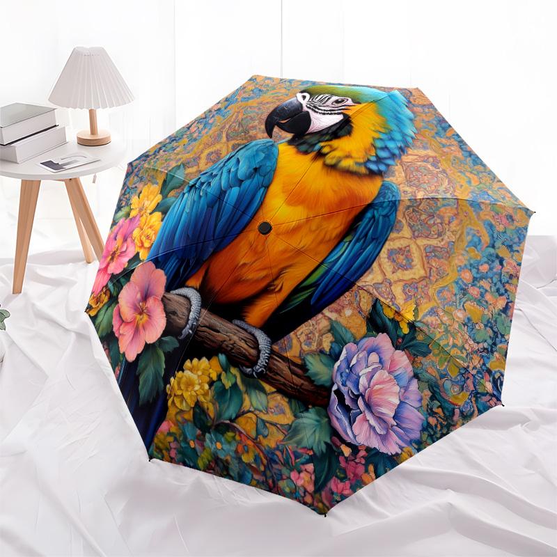 Flower Parrot Pattern, Automatic Folding Umbrella, Portable and Foldable Design, 8 Ribs, a Christmas or Birthday Gift.