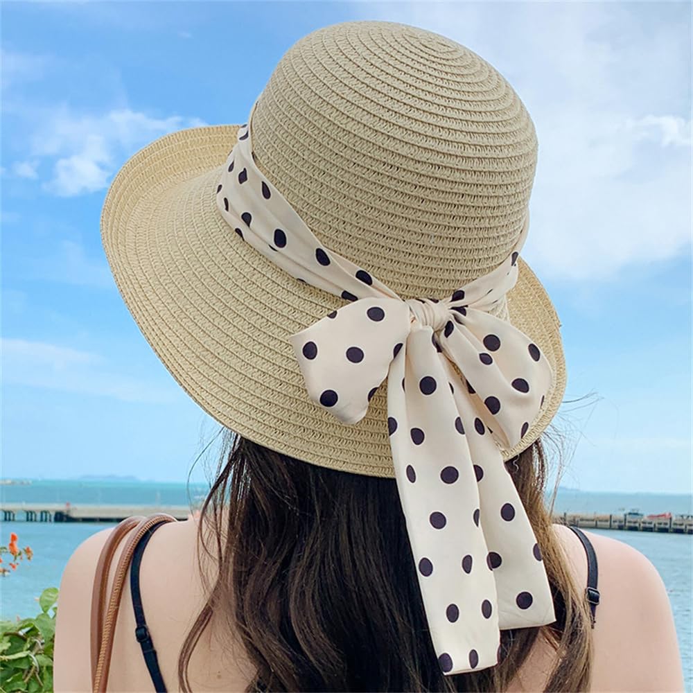 Actress Hat for UV Foldable Straw Polka Dot Cute Face Slimming Popular Straw Sunburn Swimming [Lhyxuuk] Women, Protection, Hat, Hat, Pattern, Ribbon,