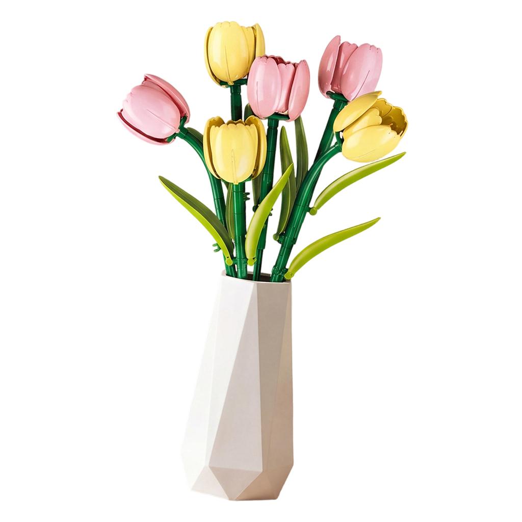 6 Piece Tulip Flower Bouquet Building Blocks Set with Vase Home Room Decor Tulip Blocks 186pcs Mother's Day