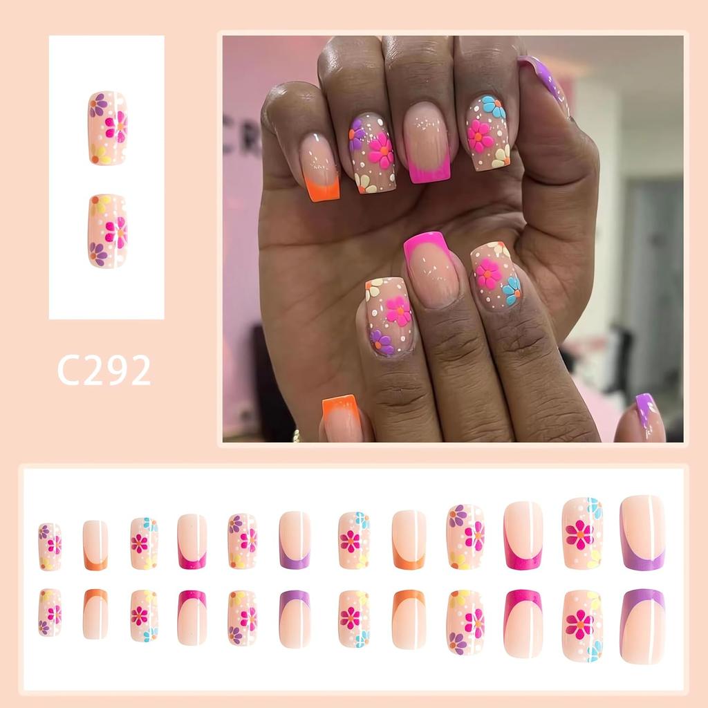 JUHUI Flower Press on Nails Short Square False Nails with Floral Design Orange Purple French Tip Nails 24Pcs