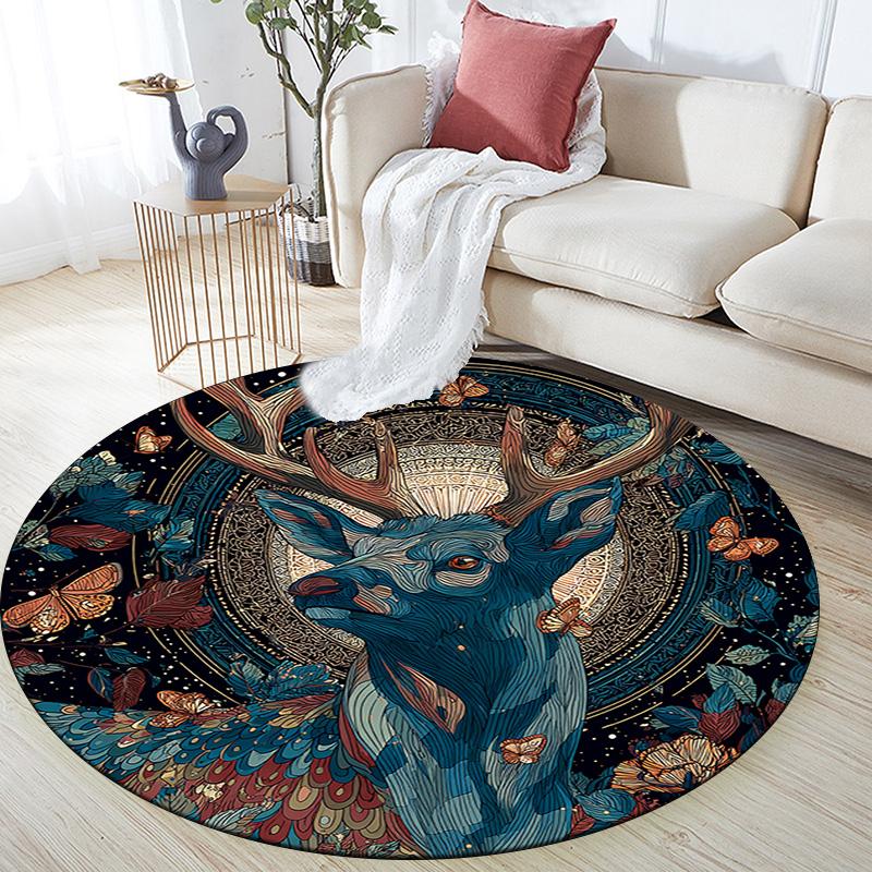 Deer Round Area Rug,Carpet Rug for Living Room Bedroom Sofa Playroom Decor,Non-slip Floor Mat