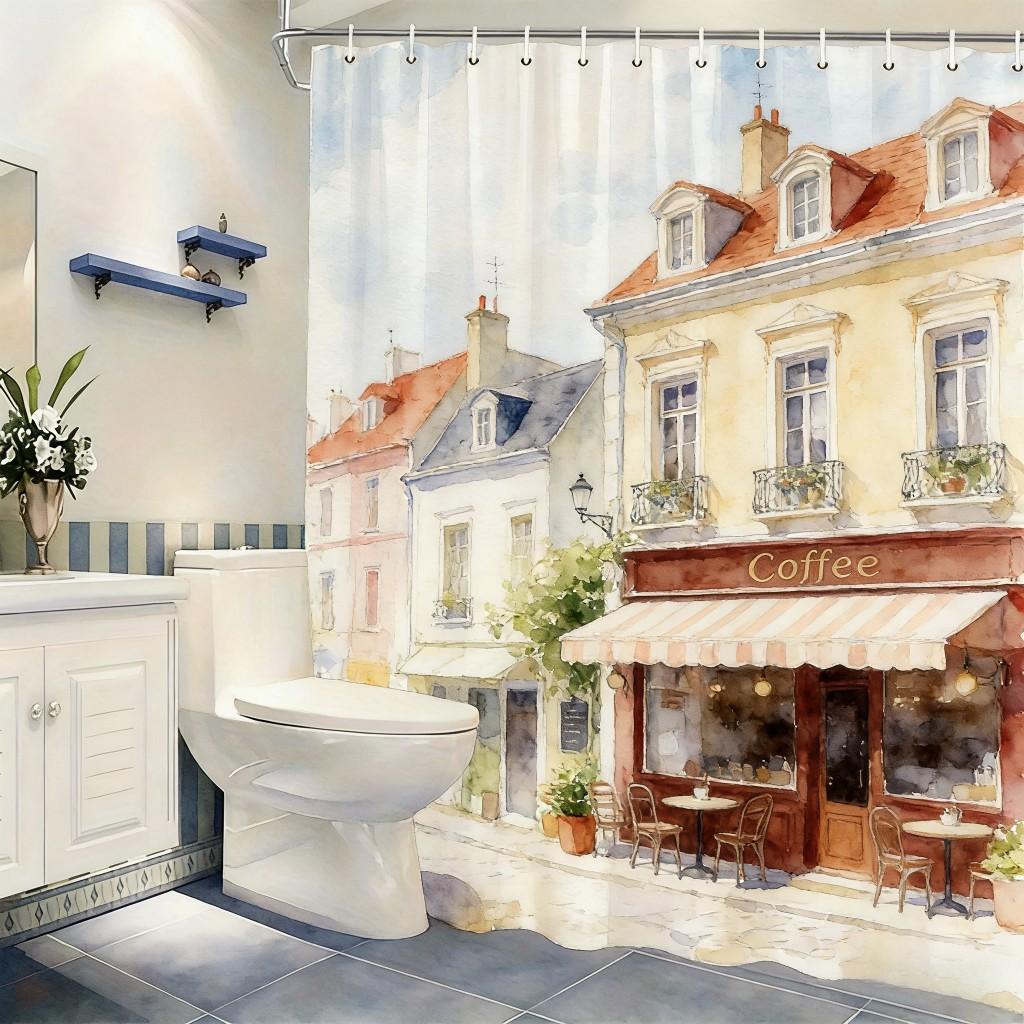 Watercolor Sunset Ocean Sailboat & Seagulls Waterproof Shower Curtain For Bathroom Decor