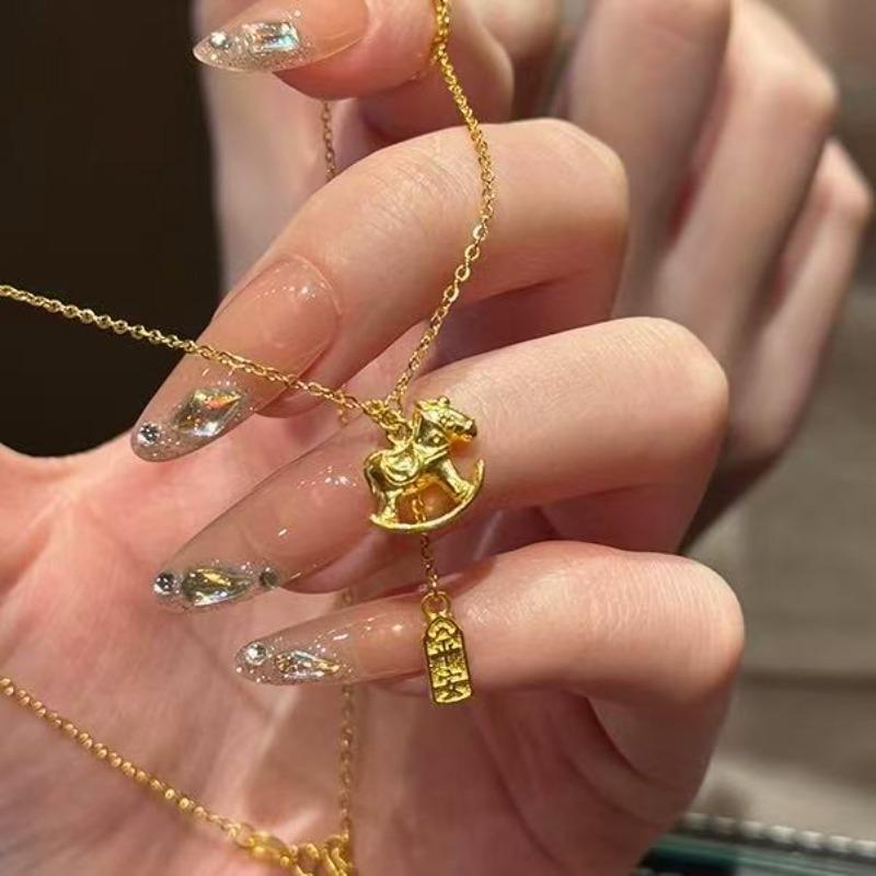 K real gold electroplated pony peace talisman necklace new Chinese retro temperament clavicle chain natal year light luxury neck chain