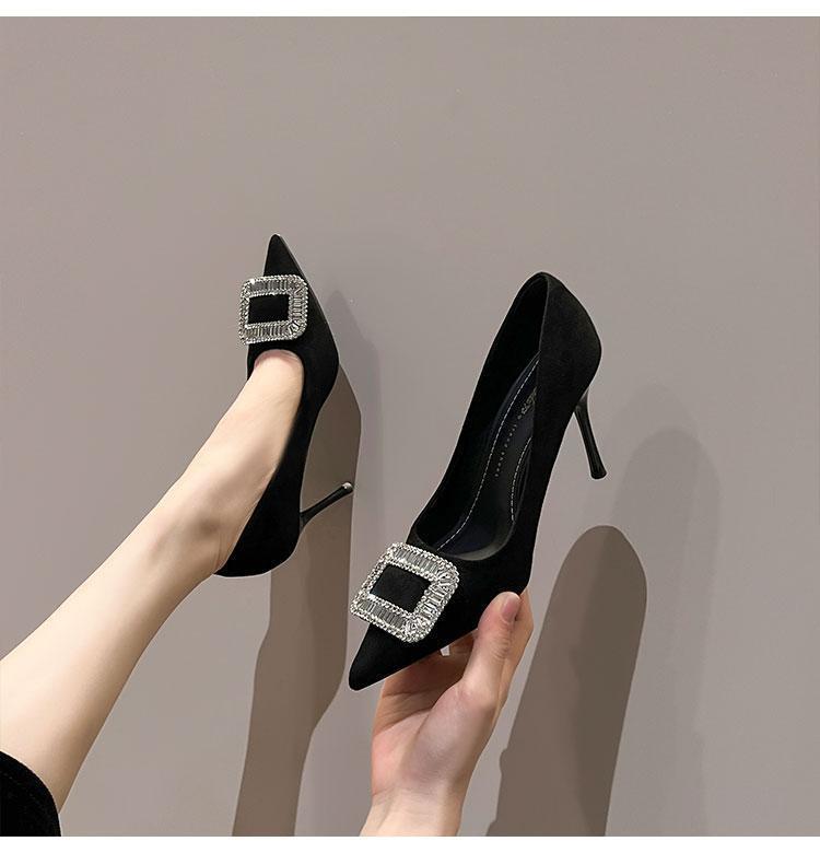 Light luxury rhinestone black high heels women's 2025 autumn new temperament pointed tip thin heels not tired feet single shoes women