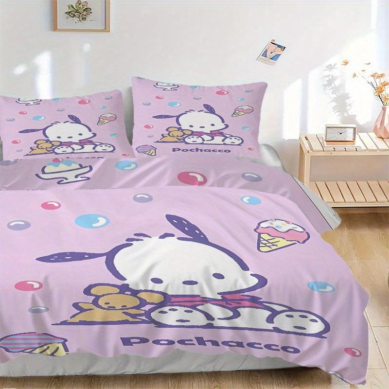 

3 шт. Фиолетовый набор постельного белья с принтом мороженого Pochacco, Мягкое и удобное покрывало-одеяло для спальни, гостевой комнаты W089 135x200cm