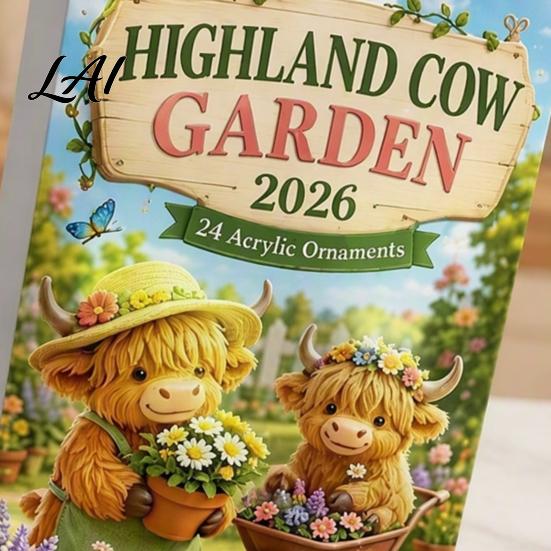 Indoor Festive Decorations Highland Cow Garden Advent Calendar 2026 24 Day Christmas Countdown with 2D Cute Animal Hanging Decor Acrylic Collectible