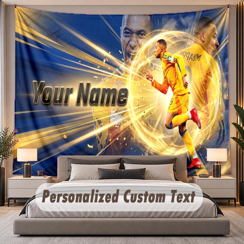 Custom Name Text Tapestry Kylian Mbappe Personalized Polyester Wall Tapestry For Bedroom And Room