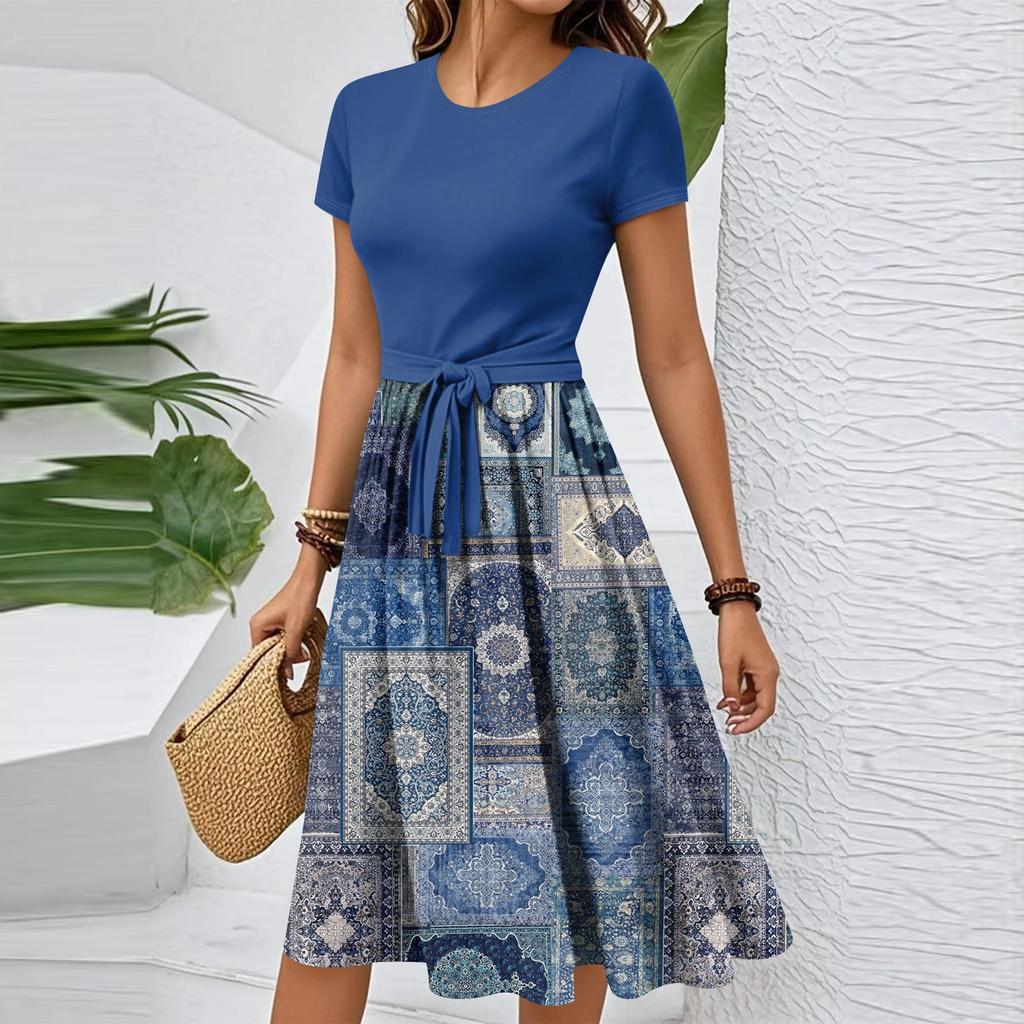 Damen Casual Mode Gürtel Vintage Bedruckt Kurzarm Rundhals Elegantes Kleid