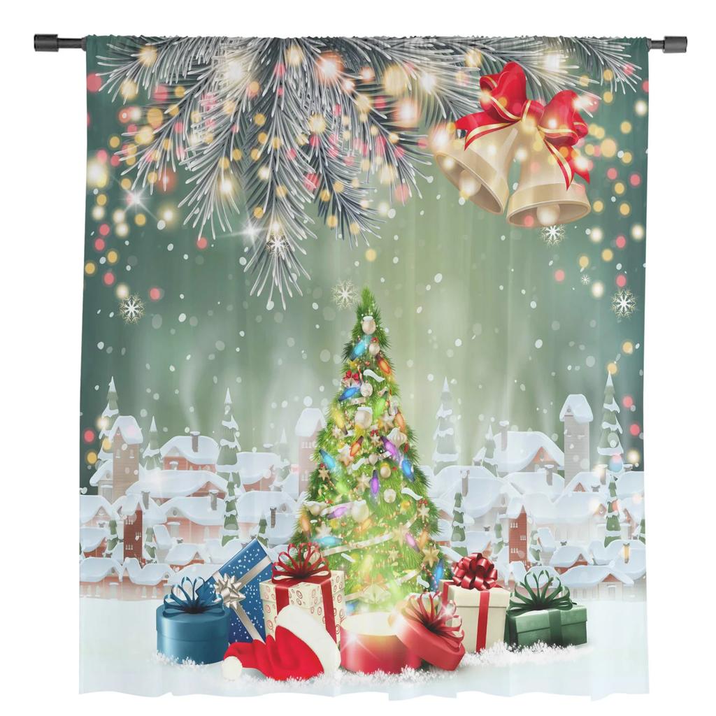 Christmas Tree Bells Village Snøing Tyll Rene vindusgardiner til stue Soverom dekor Voile Gardiner Gardiner