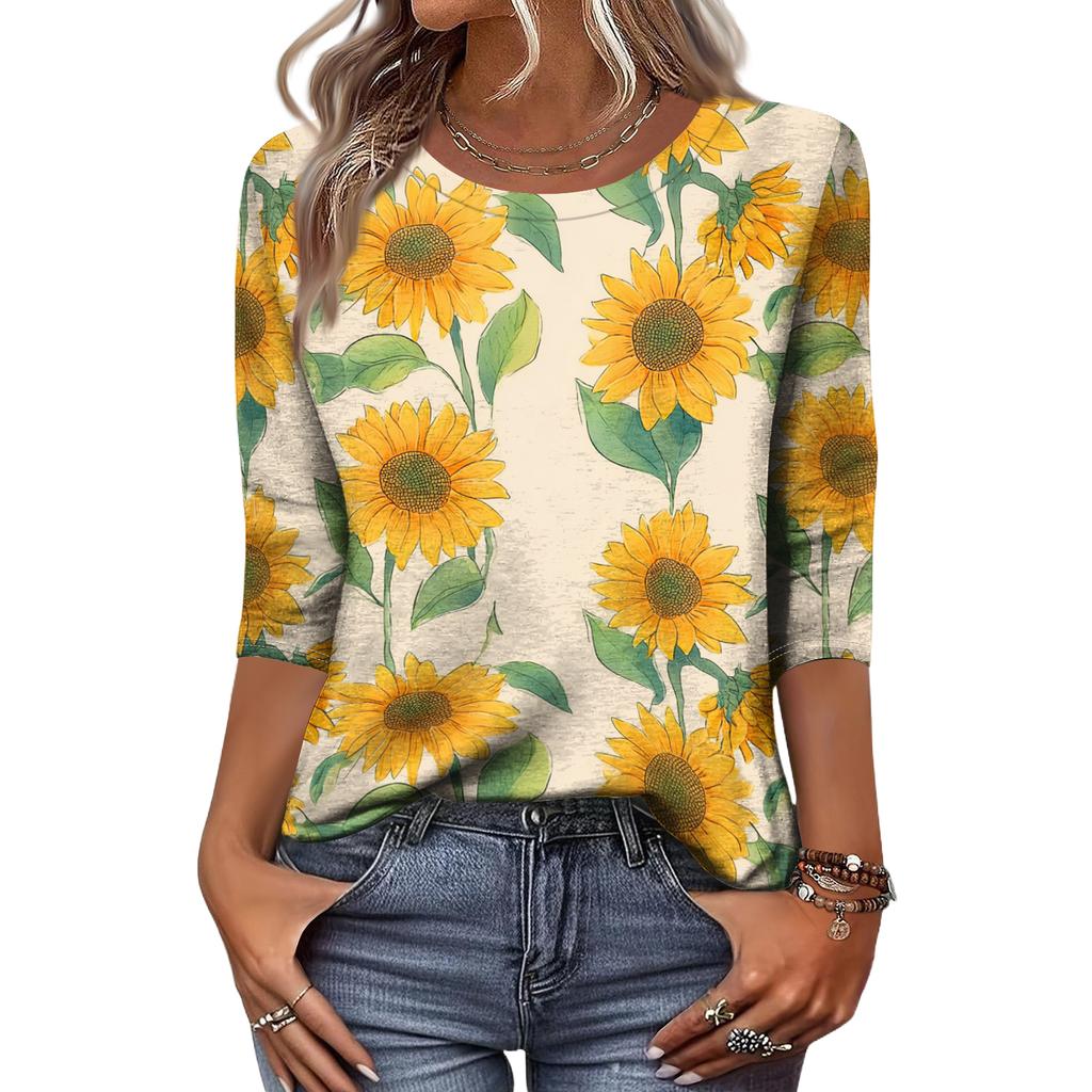 Women's Fashion Casual Round Neck 3/4 Sleeve Loose Printed T-Shirt Ladies Top