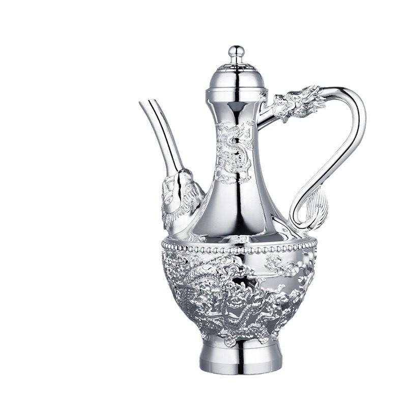 Exquisite Dragon & Phoenix Gilded Wine Set: Silver Carved Pitcher & Utensils for Home Decor & Gifts