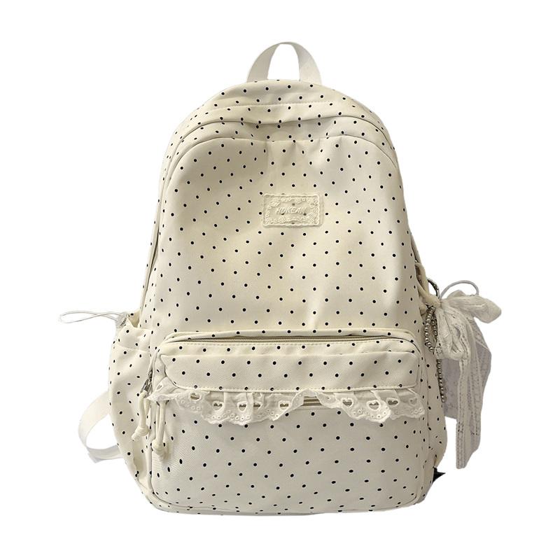 Cute Polka Dot Backpack with Lace Trim, Stylish School Bag for Women and Teens, Lightweight and Spacious Design