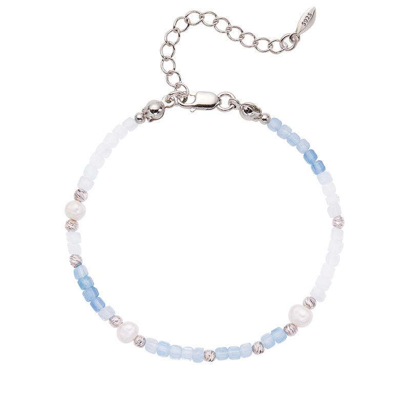 S925 Sterling Silver Colored Jewelry Natural Aquamarine Beaded Necklace Female Xiaohongshu Wechat Channels