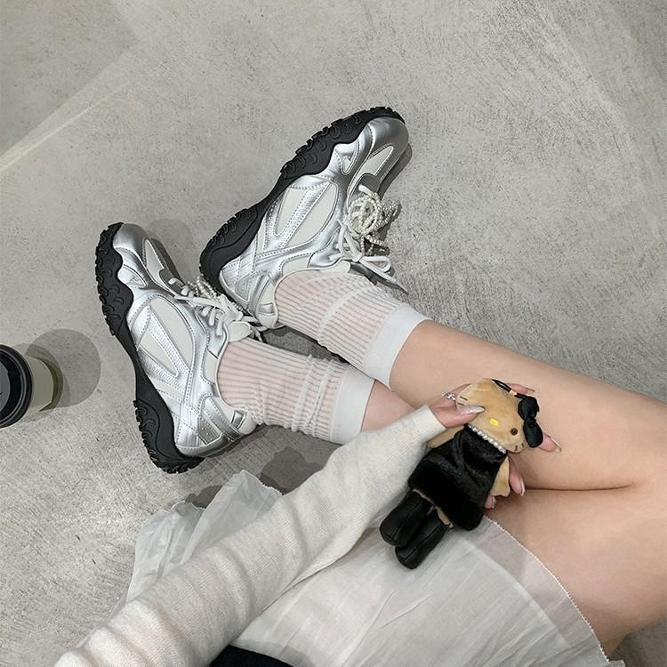 Cowhide Version of Grape Mother Original Crescent Sole Lace Pearl Belt Casual Sports Shoes Platform Forrest Gump Shoes Women's Training Shoes