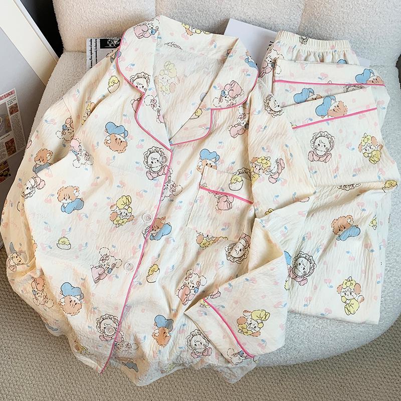 Japanese-Style Cute Cat Print Cotton Pajamas for Women, Long-Sleeved Home Set for Spring & Autumn