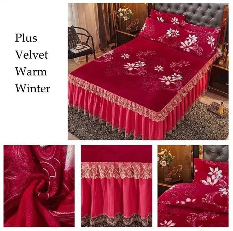 Warm Bed Skirt Crystal Velvet Thickened Bedspread Three Piece Set Flannel Bed Linens King Queen Size with Pillowcases