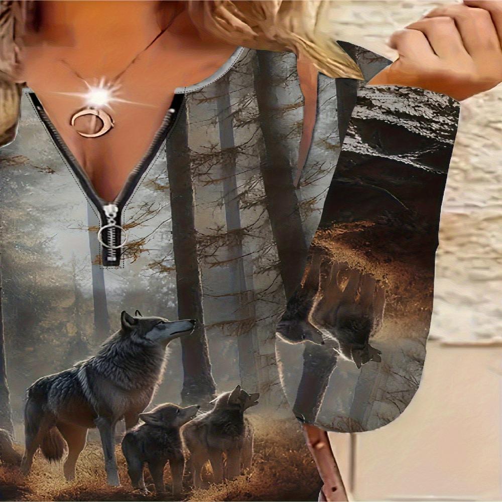 Elegant Casual Comfortable Style Women's Top Drawing Wolf Element Print Pattern, Crew Neck, Zipper Long Sleeve
