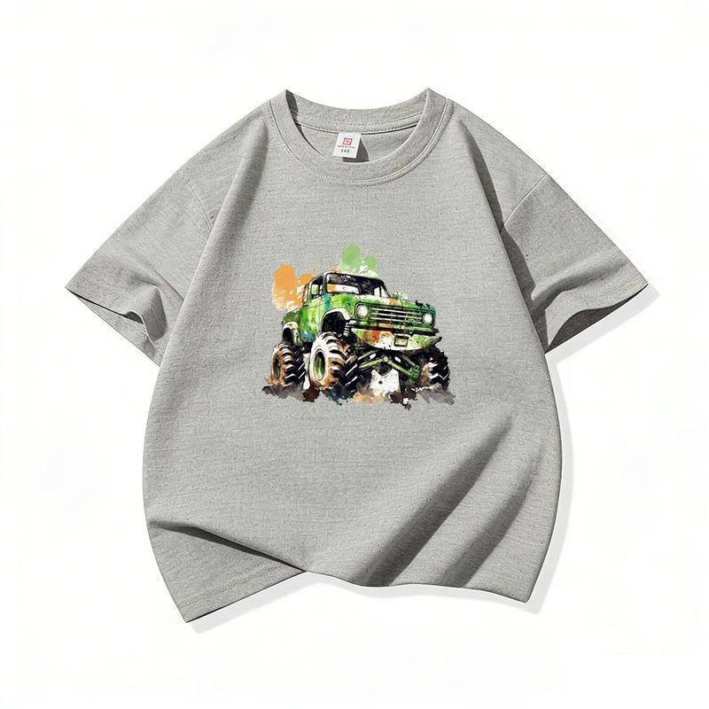 Kids Cotton T Shirt Green Watercolor Offroad Car Print Crew Neck Short Sleeve Tee Casual Breathable Boys Girls Summer Tops